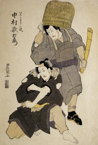 Zbliżenie dwóch aktorów kabuki podczas występów autorstwa Utagawa Toyokuni