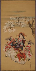 Kurtyzana z dwiema kamuro pod kwitnącymi wiśniami autorstwa Utagawa Toyokuni