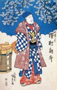 Japoński aktor w kimonie i tło ozdobione kwiatami jabłoni, autor Utagawa Toyokuni, drzeworyt autorstwa Utagawa Toyokuni