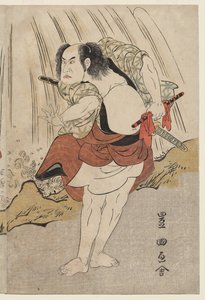 Kataoka Nizaemon VII i Ichikawa Yaozo III w konfrontacji przy wodospadzie autorstwa Utagawa Toyokuni