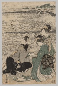 Mężczyzna i dwie kobiety na brzegu morza, 1769-1825. autorstwa Utagawa Toyokuni
