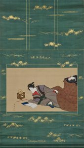 Kobieta ogrzewająca się przy „kotatsu” autorstwa Utagawa Toyokuni
