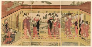 Procesja kobiet trzymających dekoracje shimadai autorstwa Utagawa Toyokuni I