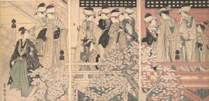Piękności na werandzie wśród kwitnącej wiśni, z której odchodzi samuraj, ok. godz. 1800. autorstwa Utagawa Toyokuni I