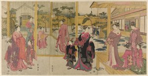 Kurtyzany Chojiya i ich pomocnicy grający w kemari autorstwa Utagawa Toyokuni I