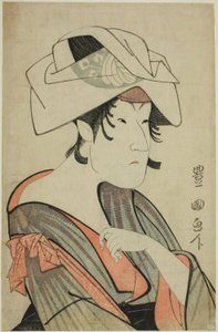 Nakayama Tomisaburo. Przebrana za kobietę z ręcznikiem na głowie autorstwa Utagawa Toyokuni I