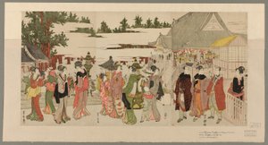 Noworoczna pielgrzymka do świątyni Myohoji w Horinouchi (Horinouchi Myohoji eho mairi no zu) autorstwa Utagawa Toyokuni I