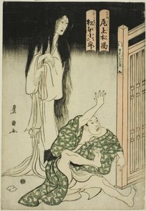Aktorzy Onoe Matsusuke I jako duch mamki Iohata i Matsumoto Kojiro jako Mokuemon w spektaklu „Tokubei of India: Tales of Strange Lands (Tenjiku Tokubei ikoku banashi)” autorstwa Utagawa Toyokuni I