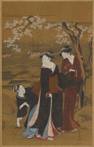 Trzy kobiety pod kwitnącą wiśnią nad brzegiem morza, 1769-1825. autorstwa Utagawa Toyokuni I