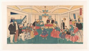 Cudzoziemcy bawią się na bankiecie Ikokujin shuen yuraku no zu (tytuł na obiekcie) autorstwa Utagawa Yoshikazu