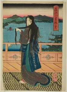 Osiem widoków na jezioro Biwa wieczorem (Omi Hakkei Moku) autorstwa Utagawa Yoshikazu