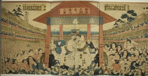 Procesja zapaśników na mecz zbiórki pieniędzy (Kanjin ozumo dohyo-iri no zu) autorstwa Utagawa Yoshimune