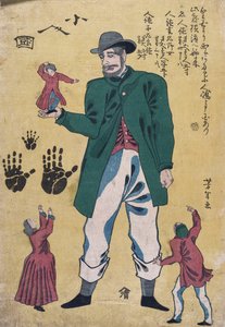 Gigant z karłami (kolorowy drzeworyt) autorstwa Utagawa Yoshitora