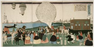 Lot balonem w Ameryce, wyd. 1865 (drzew ręcznie kolorowany) autorstwa Utagawa Yoshitora
