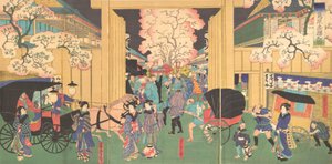 Wiśnie w nocy w New Shimabara, XIX wiek. autorstwa Utagawa Yoshitora