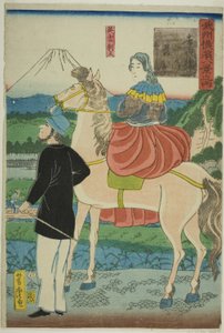 English Watching Decending Geese at Yoshida Bridge (Yoshida-bashi no rakugan, Igirisujin) , z serii „Osiem widoków Jokohamy w prowincji Musashino (Bushu Yokohama hakkei no uchi)” autorstwa Utagawa Yoshitora