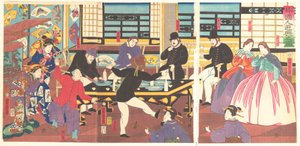 Cudzoziemcy na imprezie, 1 miesiąc, 1861. autorstwa Utagawa Yoshitora