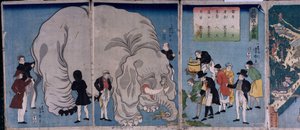 Cudzoziemcy ze słoniem (kolorowy drzeworyt) autorstwa Utagawa Yoshitora