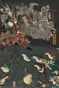 Nikushi the Frog Spirit przywołuje magiczną bitwę żab w Tateyama w prowincji Etchu, 1864 autorstwa Utagawa Yoshitora