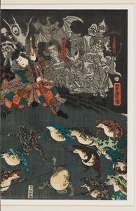 Nikushi, Żabi Duch, wywołuje magiczną bitwę żab w Tateyama w prowincji Etchū