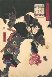 The Warrior Slaying the Giant White Hihi, 1859, 2. miesiąc. autorstwa Utagawa Yoshitora