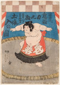 Portret lutnika sumo Hidenoyama Raigoro z tabli rytualnych. autorstwa Utagawa Yoshituya