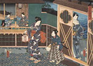 Scena z Genji monogatari (Opowieść o Genji) Murasaki Shibuku (ur. 978) 1860 (kolorowy drzeworyt)