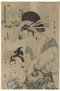 Tanabata: kurtyzana Tsukioka z domu Tamaya Tanabata: Tamaya uchi Tsukioka (tytuł na obiekcie) Wiersze na papierze kwiatowym na pięć pór roku (tytuł serii) Hana no irogami gosetsu yomiuta (tytuł serii na obiekcie) autorstwa Utamaro (II) , Kitagawa (attributed to)
