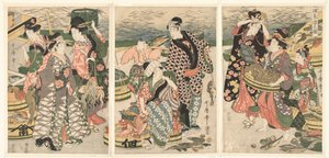 Widok na targ rybny na plaży w Shiba [Shiba] no ura uoichi no zu (tytuł na obiekcie) autorstwa Utamaro (II) , Kitagawa