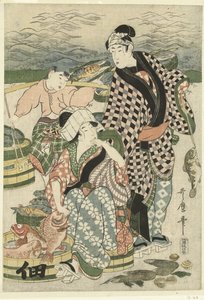 Widok na targ rybny na plaży w Shiba [Shiba] no ura uoichi no zu autorstwa Utamaro (II) , Kitagawa