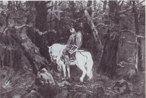 W myśli  (Rycerz na koniu wjeżdża do gęstego lasu) autorstwa V.Vasnetsov