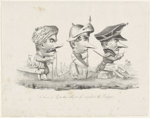 Karykatura milicji z Rotterdamu, 1830 r Les braves de Rotterdam allant à la conquête de la Belgique (tytuł na obiekcie) autorstwa V. Dubrulle