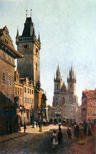 Widok na Staromestsky Rynk z ratuszem i kościołem Matki Boskiej przed Tynem, ze „Starej Pragi” ok. 1900 (kolor lito)