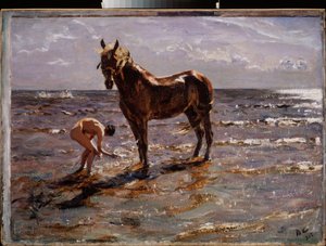 Kąpiel konia. (Młody nagi mężczyzna pluskający konia, dwie inne postacie wybiegają w morze). Obraz Valentina Aleksandrowicza Sierowa (1865-1911), olej na płótnie