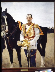 Portret wielkiego księcia Pawła Aleksandrowicza Rosji (1860-1919). (Portret wielkiego księcia Pawła Aleksandrowicza Rosji). W mundurze oficera kawalerii cesarskiej armii rosyjskiej, w pobliżu konia. Obraz Valentina Aleksandrowicza Serowa ( autorstwa Valentin Aleksandrovich Serov