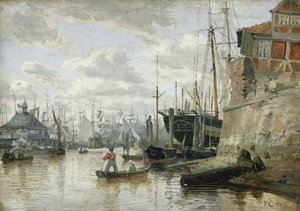Chata z bali w porcie w Hamburgu, 1848 (olej na papierze na pokładzie)