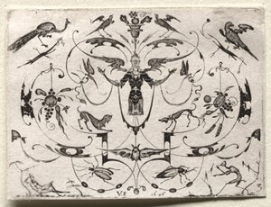 Arabeska z pawiem, papugą, psami i owadami, 1626. autorstwa Valentin Sezenius