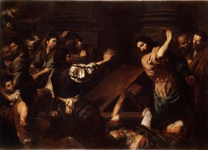 „Chrystus wyprowadza pożyczkodawców ze świątyni” (Chrystus wyprowadza pożyczkodawców ze świątyni) Obraz Valentina de Boulogne (1591-1632) 1620-1625 Wymiary 192x266,5 cm Muzeum Ermitażu, Sankt Petersburg autorstwa Valentin de Boulogne