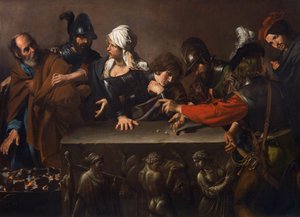 Zaparcie się Świętego Piotra – Valentin de Boulogne (1591-1632). Olej na płótnie, ok. 1616-1617. Wymiar: 171,5 x 241 cm. Fundacja Studiów Historii Sztuki Roberto Longhi we Florencji