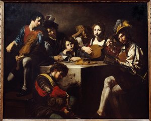 Koncert płaskorzeźby. Wokół rzeźbionego ołtarza zgromadzili się muzycy. Obraz Valentina de Boulogne (1591-1632). Ciemny. 1,73 x 2,14m.