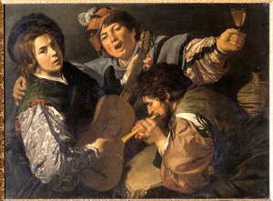 Trzech mężczyzn muzykujących, ok. 1616 (olej na płótnie) autorstwa Valentin de Boulogne