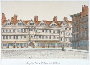 Widok Staple Inn i budynków Middle Row w centrum Holborn, Londyn, 1850.