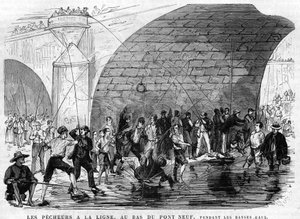 rybak ma linę na dole mostu dziewięć w Paryżu w 1868 roku podczas niskiej wody. rysunek Desroches - Valnay. autorstwa Valnay Pere et fils