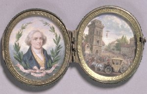 Miniatura portretowa Louisa-Sebastiena Lenormanda ze sceną zejścia na spadochronie, 1783 (gwasz na papierze welinowym) autorstwa Van Blarenberghe