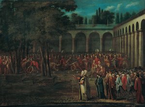 Delegacja ambasadorów przechodząca przez drugi dziedziniec pałacu Topkapı, lata 1720