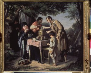 Picie herbaty w Mytishchi (Mytischi), niedaleko Moskwy. (Ortodoksyjni mnisi piją herbatę w ogrodzie, kaleka i biedne dziecko żebrzą, odepchnięte przez służącą.) Obraz Wasilija (Wasilija) Grigoriewicza Pierowa (1834-1882), olej na płótnie autorstwa Vasili Grigorevich Perov