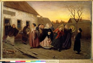 Rosyjski zwyczaj: pochód kobiet wychodzących z domu tańczących i śpiewających w przeddzień wesela (Wieczór Wesela w Łaźni). Obraz Wasilija (Vasili) Grigoryevich Perov (1834-1882) autorstwa Vasili Grigorevich Perov