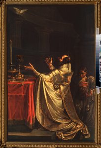 Bazyli Wielki (330-379) (lub Bazyli Cesarei) padający przed gołębicą Ducha Świętego (Duch Święty) - Bazyli Wielki - Obraz Wasilija Kuzmicha Szebujewa (1777-1855), olej na płótnie autorstwa Vasili Kuzmich Shebuev
