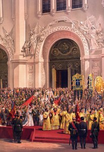 Album koronacyjny cara Aleksandra III Rosji (1845-1894) i cesarzowej Marii Fiodorowny (Dagmar Danii) (1847-1928) - Para cesarska opuszczająca katedrę Chrystusa Zbawiciela (z albumu koronacyjnego) Wasilija Pietrowicza (Piotr.