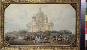 Parada przed soborem św. Izaaka w Petersburgu. Praca Wasilija Siemionowicza Sadovnikova (1800-1879), akwarela na papierze autorstwa Vasili Semenovich Sadovnikov
